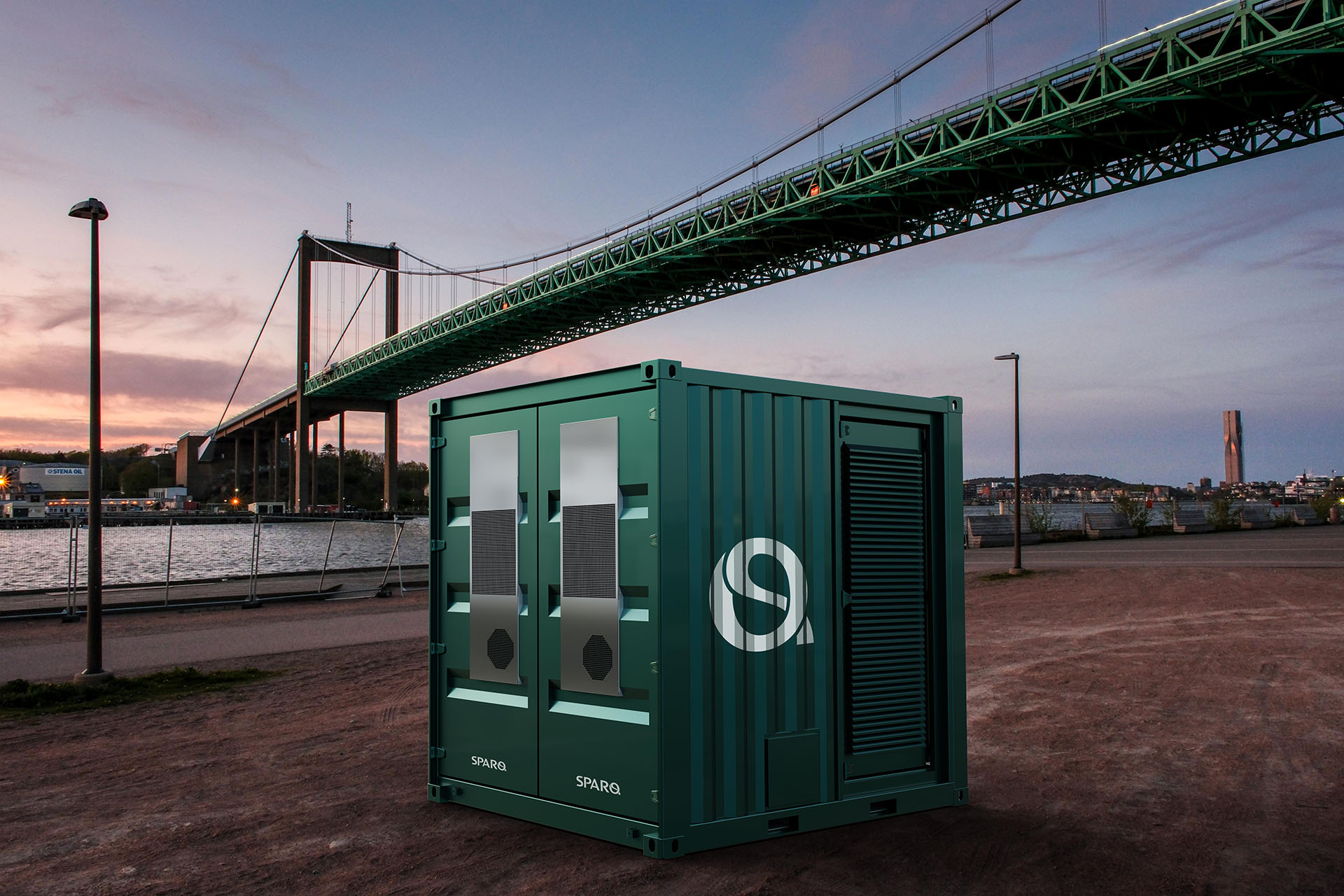 Battery energy storage standing in front of a bridge in Gothenburg.